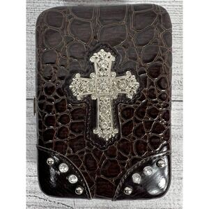 Vintage Y2K Croc Embossed Faux Leather Cross Wallet Flip Phone Holder Brown